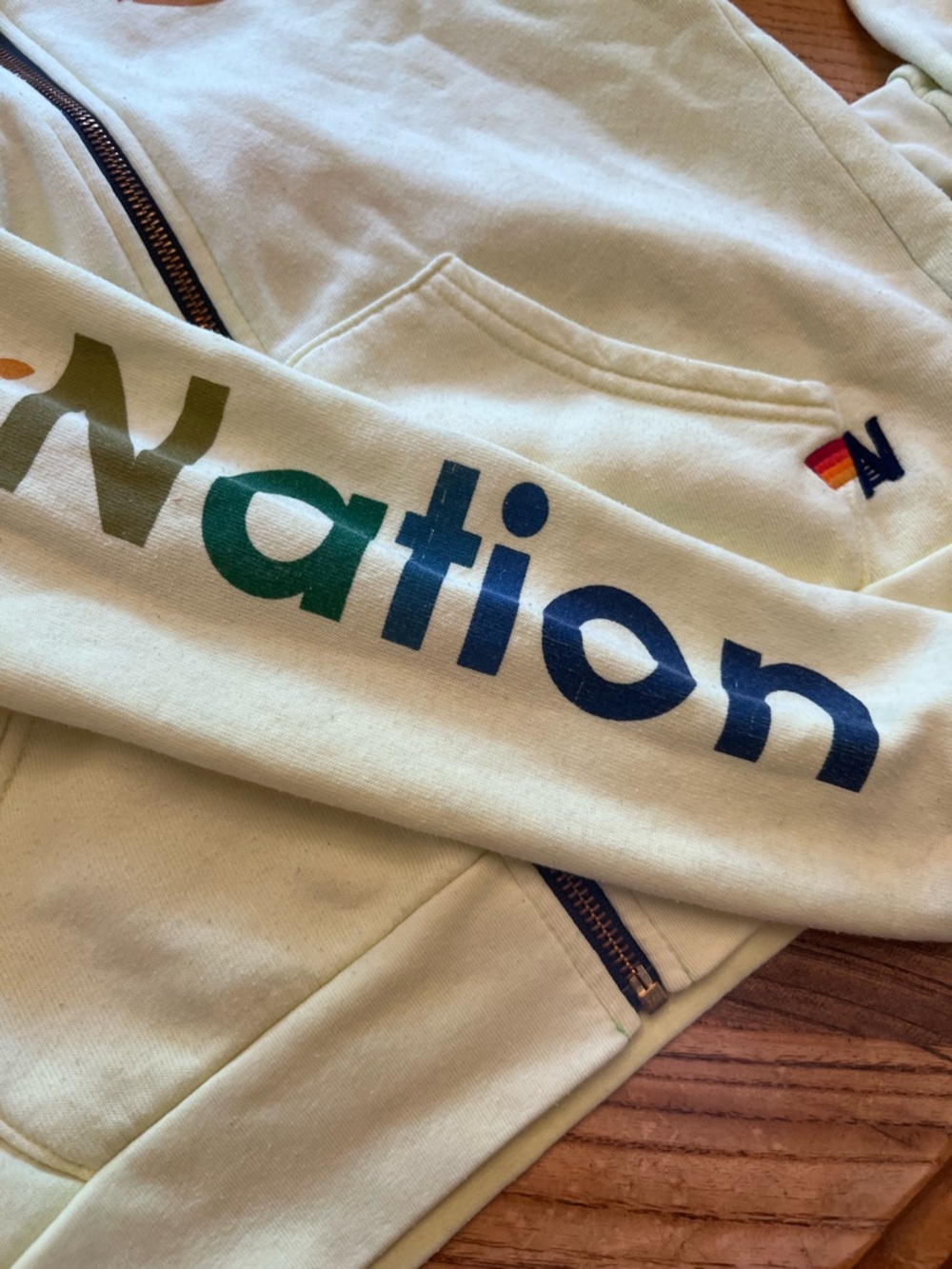 Aviator Nation Womens Light Yellow Zip Hoodie with Rainbow Sleeve Logo - Picture 6 of 9